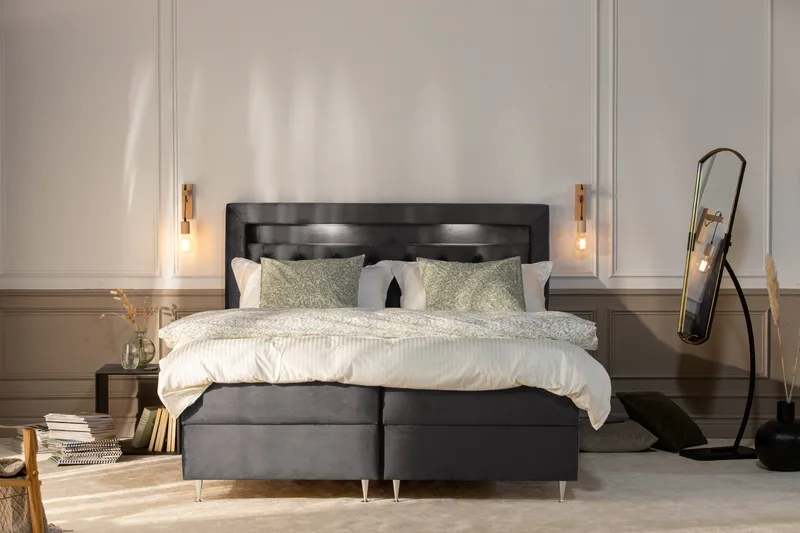 Alessia Komplet Sengesæt med Opbevaring LED-belysning 160x200 cm - Mørkegrå - Møbler - Senge - Seng med opbevaring
