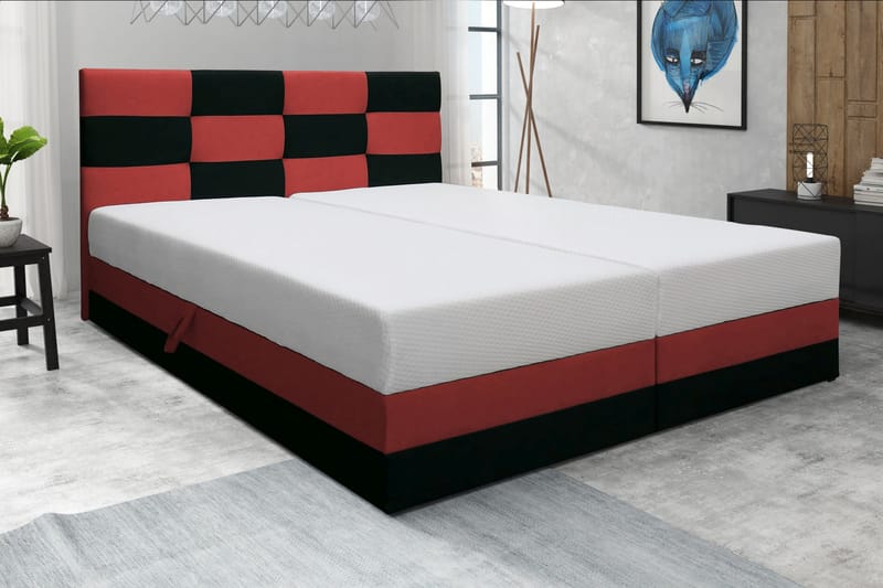 Chess sengepakke 140x200 med opbevaring - rød/sort - Komplet sengepakke - Seng med opbevaring - Dobbeltsenge