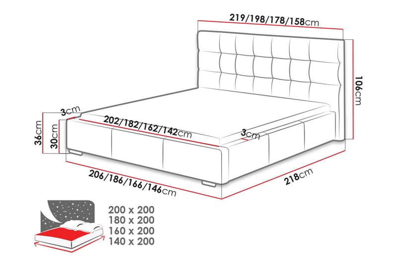Dolores Opbevarings seng og madras 218x198x106 cm - Hvid - Komplet sengepakke - Seng med opbevaring