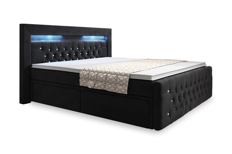 Franco Crystal Kontinentalseng 160x200 LED-belysning - Sort/Velour - Komplet sengepakke - Seng med opbevaring - Dobbeltsenge