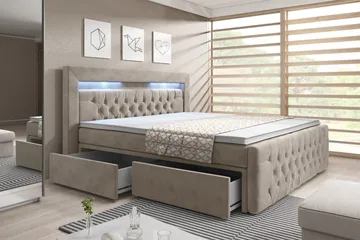 Franco Komplet Sengesæt med Opbevaring LED-belysning 160x200 cm - Beige/Velour - Møbler - Senge - Komplet sengepakke