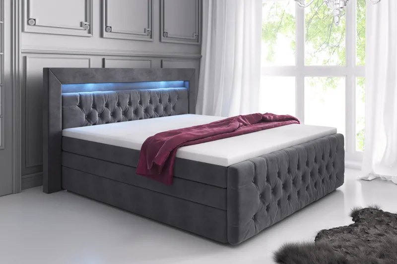 Franco Luksus Komplet Sengesæt med Opbevaring 180x200 LED-belysning - Grå/Velour - Møbler - Senge - Komplet sengepakke