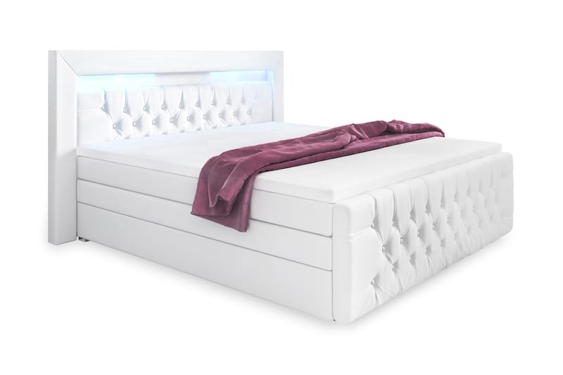 Franco Lyx Sengepakke 160x200LED-belysning - Hvid/Kunstlæder - Komplet sengepakke - Seng med opbevaring - Dobbeltsenge