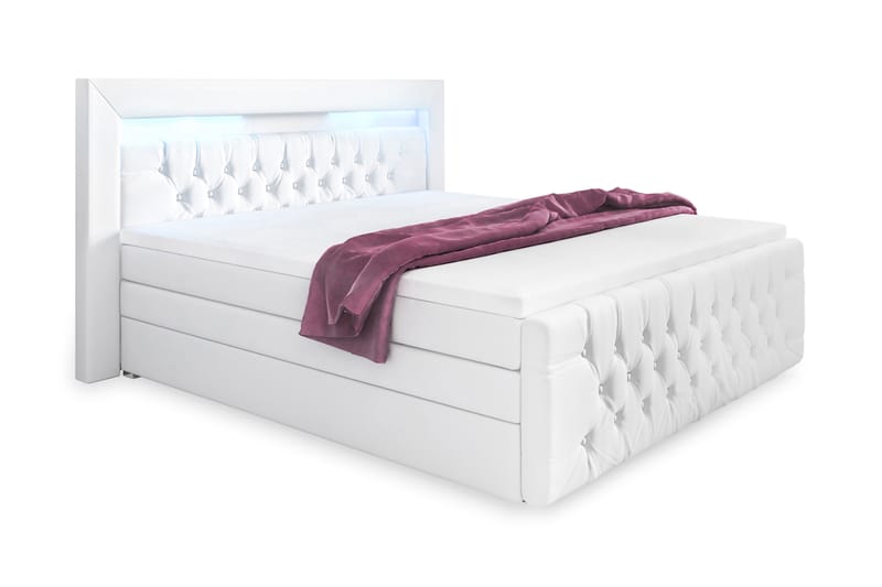 Franco Lyx Sengepakke 180x200LED-belysning - Hvid/Kunstlæder - Komplet sengepakke - Seng med opbevaring - Dobbeltsenge
