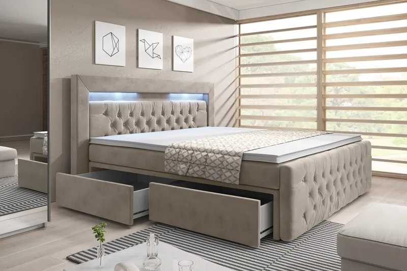 Franco Sengepakke 140x200 LED-belysning - Beige/Velour - Møbler - Senge - Seng med opbevaring
