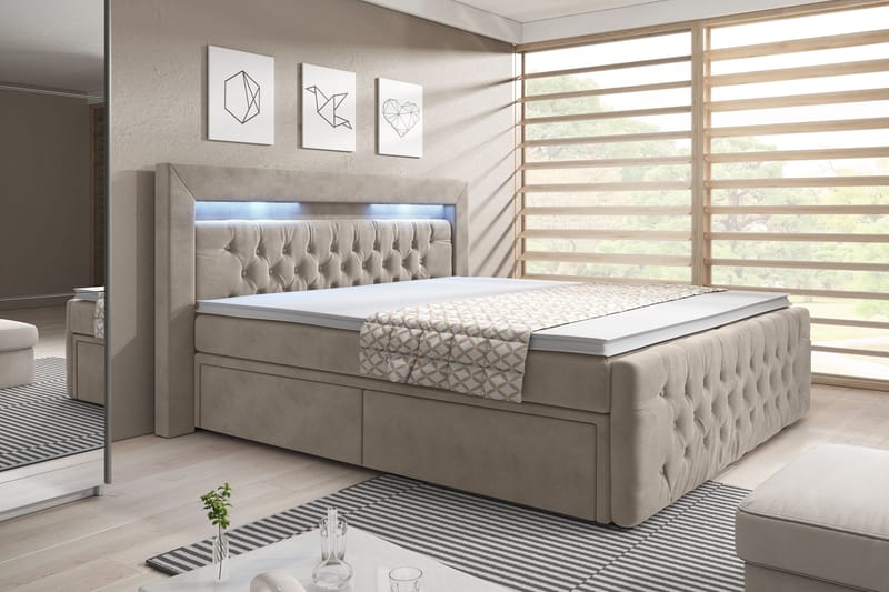 Franco Sengepakke 140x200 LED-belysning - Beige/Velour - Møbler - Senge - Seng med opbevaring