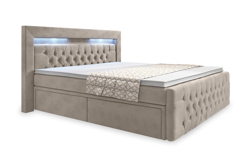 Franco Sengepakke 140x200 LED-belysning - Beige/Velour - Komplet sengepakke - Seng med opbevaring - Dobbeltsenge