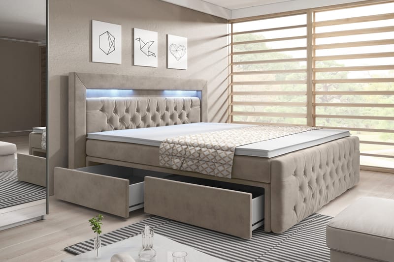 Franco Sengepakke 140x200 LED-belysning - Beige/Velour - Møbler - Senge - Seng med opbevaring