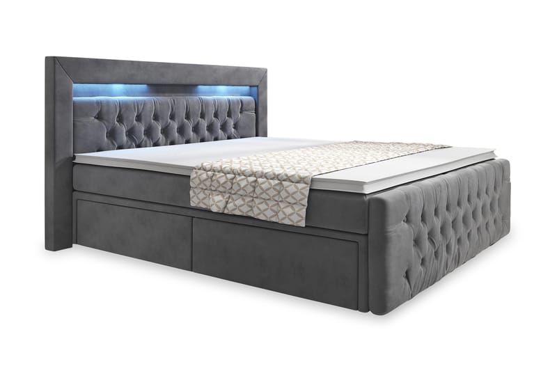 Franco Sengepakke 160x200 med Opbevaring LED-belysning - Grå/Velour - Komplet sengepakke - Seng med opbevaring