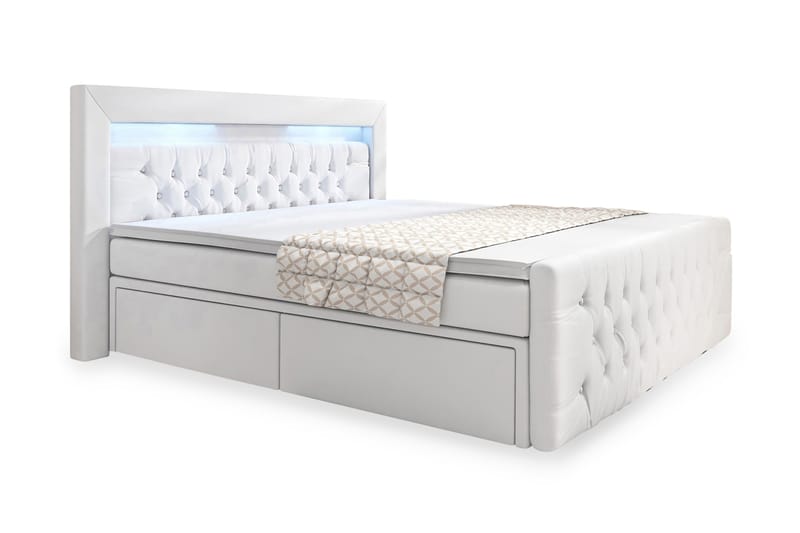 Franco Sengepakke 180x200 LED-belysning - Hvid/Kunstlæder - Komplet sengepakke - Seng med opbevaring - Dobbeltsenge
