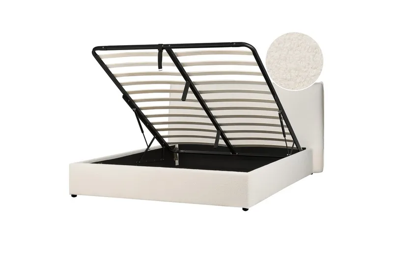 Seng med opbevaring Lavaur, Hvid/Bouclé, 160x200 cm