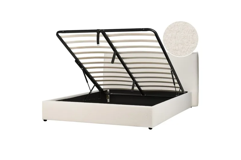 Seng med opbevaring Lavaur, Hvid/Bouclé, 180x200 cm