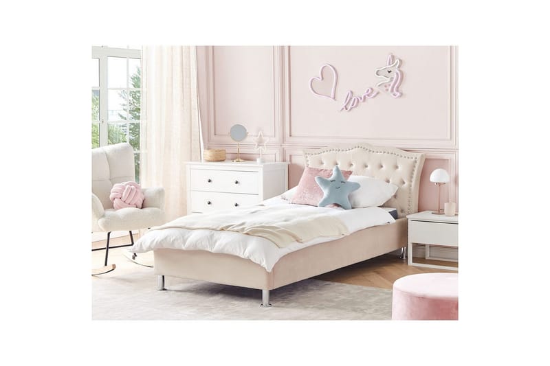 Seng med opbevaring Metz - Beige, Sølv/Fløjl, 90x200 cm - Møbler - Senge - Sengeramme & sengestel
