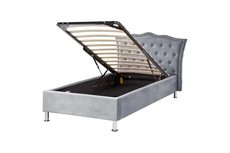 Seng med opbevaring Metz - Grå, sølv/fløjl, Grå, Sølv/Sløjfe, 90x200 cm - Møbler - Senge - Sengeramme & sengestel