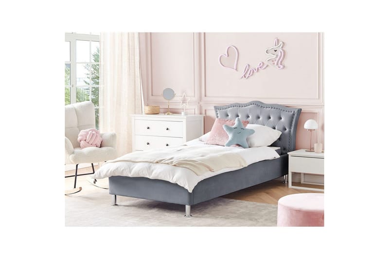 Seng med opbevaring Metz - Grå, sølv/fløjl, Grå, Sølv/Sløjfe, 90x200 cm - Møbler - Senge - Sengeramme & sengestel