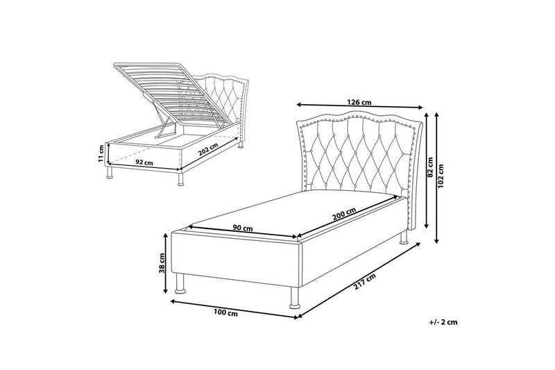 Seng med opbevaring Metz - Grå, sølv/fløjl, Grå, Sølv/Sløjfe, 90x200 cm - Møbler - Senge - Sengeramme & sengestel