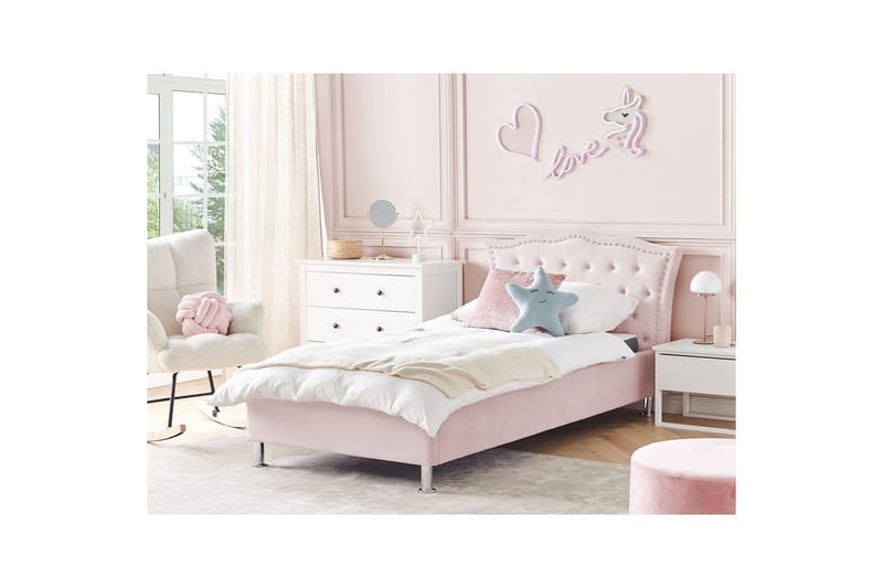Seng med opbevaring Metz - Pink, sølv/velour, 90x200 cm - Møbler - Senge - Sengeramme & sengestel