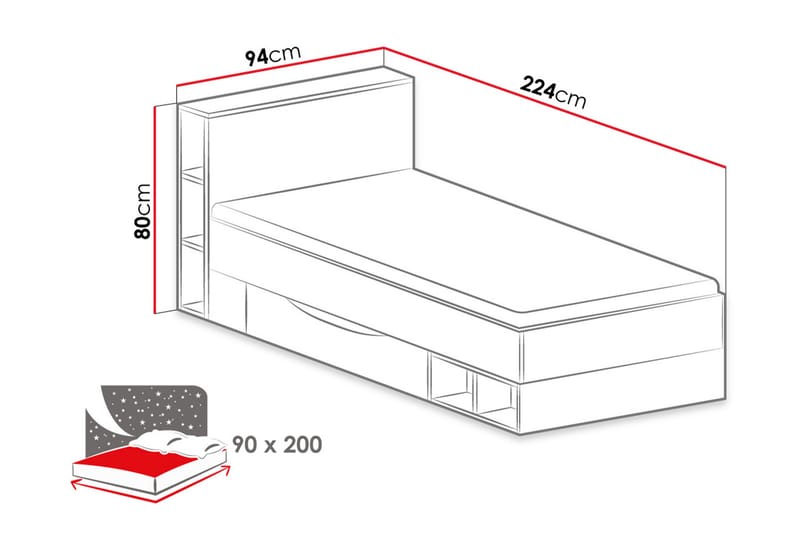 Mobis seng 94x224 cm - Hvid/Blå/Grøn - Seng med opbevaring - Enkeltseng med opbevaring