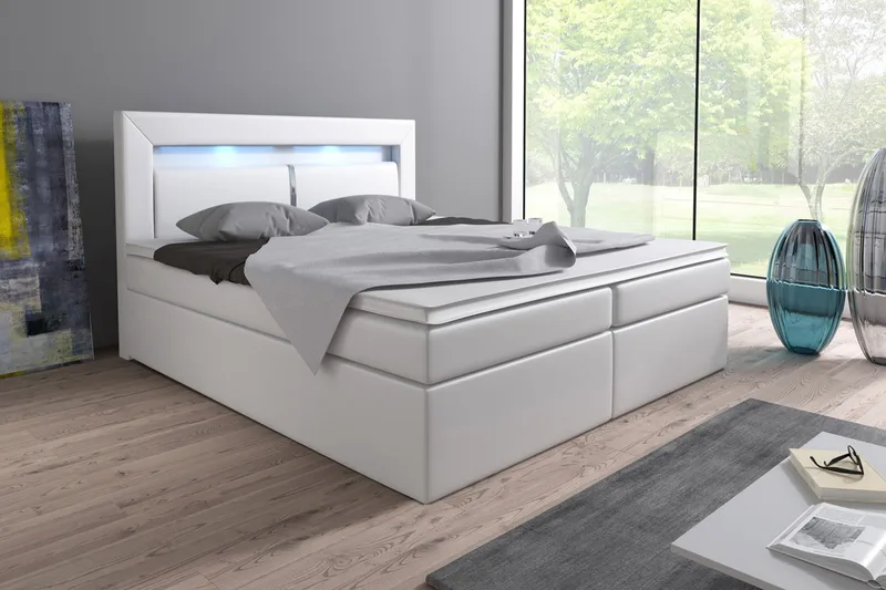 Modena Sengepakke 180x200 med Opbevaring+LED Sengegavl - Hvid PU - Møbler - Senge - Seng med opbevaring