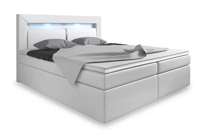 Modena Sengepakke 180x200 med Opbevaring+LED Sengegavl, Hvid PU