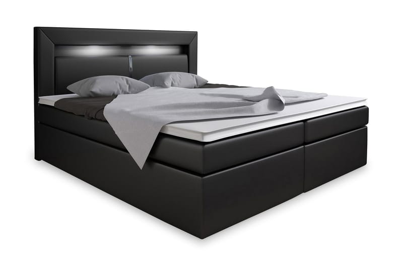 Modena Sengepakke 180x200 med Opbevaring+LED Sengegavl, Sort PU