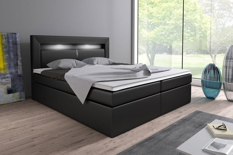 Modena Sengepakke 180x200 med Opbevaring+LED Sengegavl - Sort PU - Møbler - Senge - Seng med opbevaring