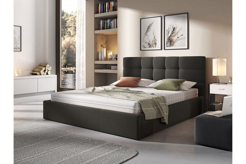 Nieres Sengepakke 160x200 cm i Stof med Opbevaring og Sengegavl + Topmadras - Antracit - Møbler - Senge - Seng med opbevaring