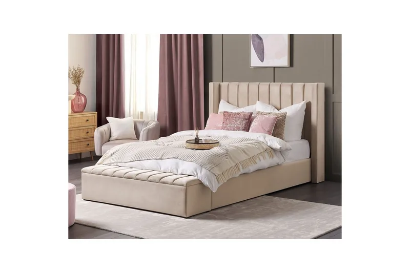 Säng med förvaringsbänk Beliani Noyers Beige, 160x200 cm Beige 160x200 - Møbler - Senge - Vandseng
