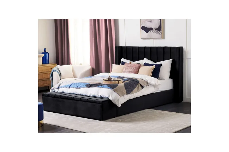 Säng med förvaringsbänk Beliani Noyers Beige, 160x200 cm Black 180x200 - Møbler - Senge - Familieseng