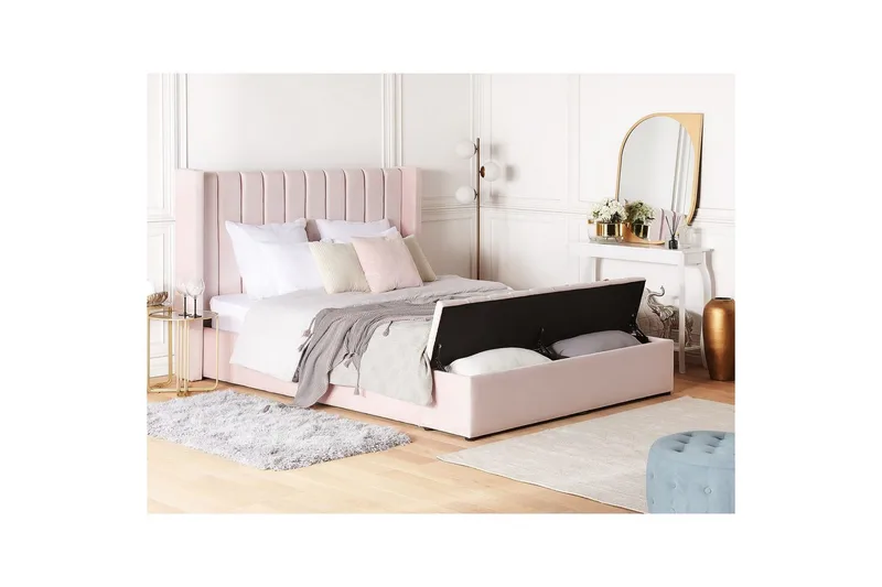 Säng med förvaringsbänk Beliani Noyers Beige, 160x200 cm Rose 160x200 - Møbler - Senge - Familieseng