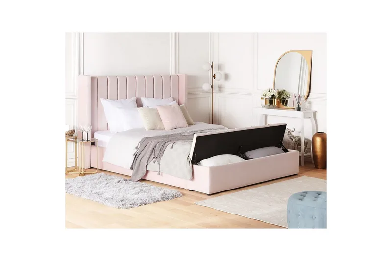 Säng med förvaringsbänk Beliani Noyers Beige, 160x200 cm Rose 180x200 - Møbler - Senge - Familieseng
