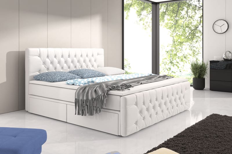 Velluto Komplet Senge med Opbevaring 180x200 med Fodgavl - Hvid Kunstlæder - Komplet sengepakke - Seng med opbevaring - Dobbeltsenge