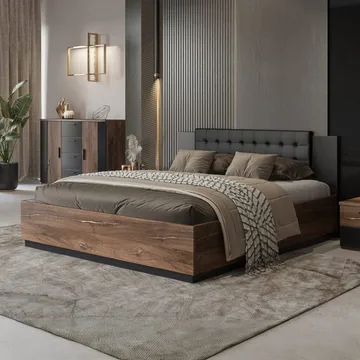 Seng Sigma med ramme med gasløft og opbevaringskasse - 140 cm, Mørk Flagstaff-eg med kobberfarvet ornament - Møbler - Senge - Sengeramme & sengestel