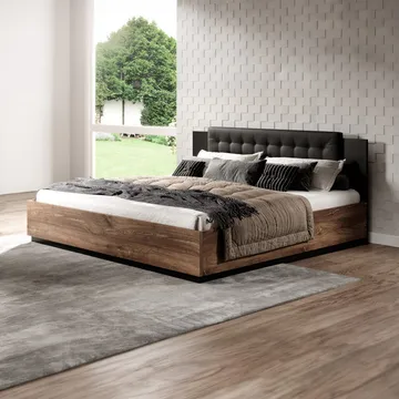 Seng Sigma med ramme med gasløft og opbevaringskasse - 140 cm, Mørk Flagstaff-eg med kobberfarvet ornament - Møbler - Senge - Sengeramme & sengestel