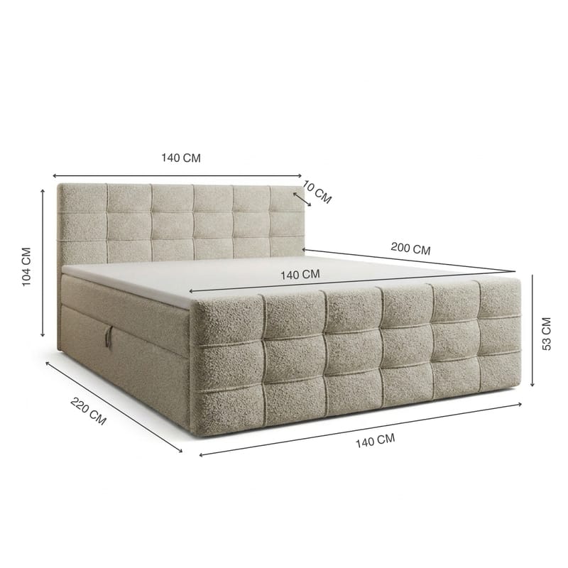 Sengepakke Kontinentalseng Elvros 140x200 cm med opbevaring med løftemekanisme - Cremet ecru / lys beige - Møbler - Senge - Kontinentalsenge