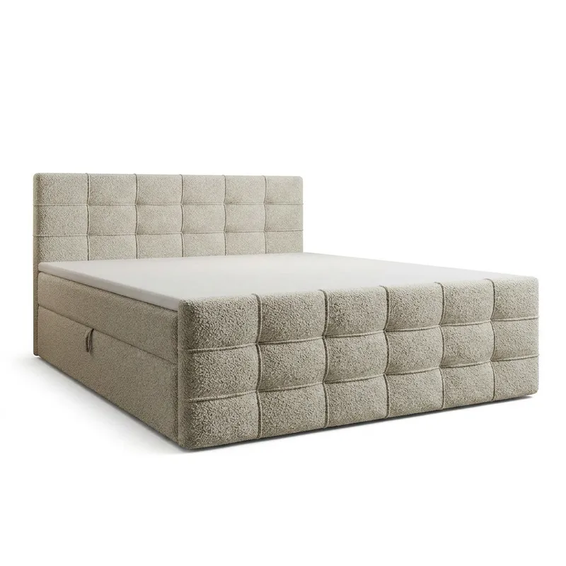 Sengepakke Kontinentalseng Elvros 140x200 cm med opbevaring med løftemekanisme, Cremet ecru / lys beige