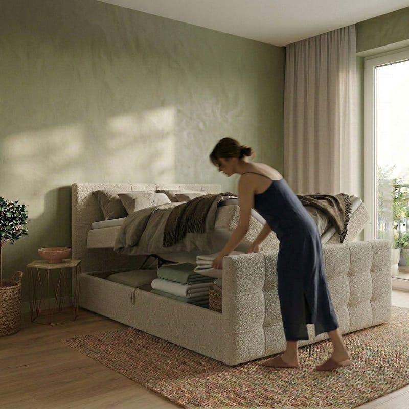 Sengepakke Kontinentalseng Elvros 180x200 cm med opbevaring med løft - Cremet ecru / lys beige - Møbler - Senge - Kontinentalsenge
