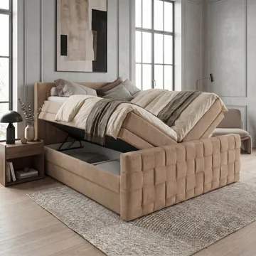 Sengepakke Kontinentalseng Ryven 160x200 cm med opbevaring med løft - kamel/karamel/gylden beige - Møbler - Senge - Kontinentalsenge