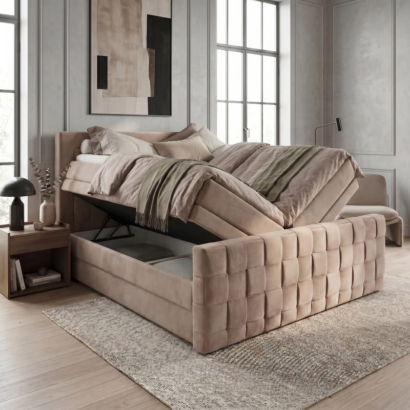 Sengepakke Kontinentalseng Ryven 180x200 cm med opbevaring med løft - varm beige/latte - Møbler - Senge - Kontinentalsenge