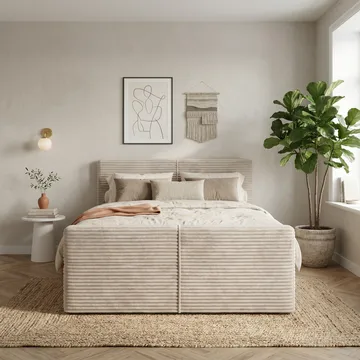 Sengepakke Kontinentalseng Sorvin 140x200 cm med opbevaring med løftemekanisme - Creme / ecru / elfenben - Møbler - Senge - Kontinentalsenge