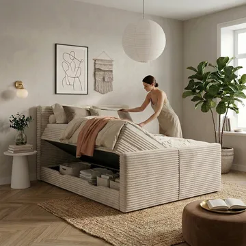 Sengepakke Kontinentalseng Sorvin 140x200 cm med opbevaring med løftemekanisme - Creme / ecru / elfenben - Møbler - Senge - Kontinentalsenge