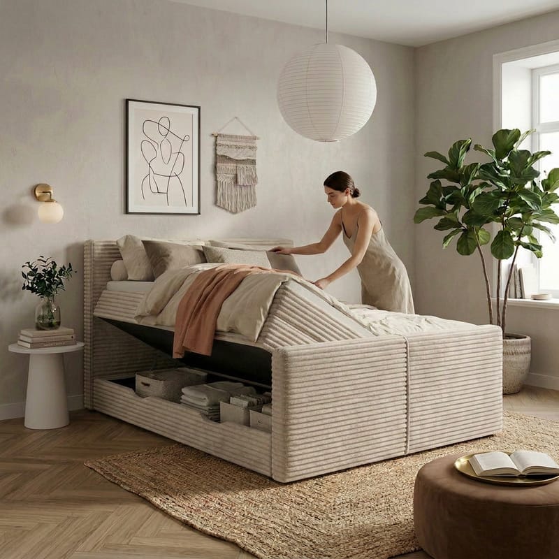 Sengepakke Kontinentalseng Sorvin 140x200 cm med opbevaring med løftemekanisme - Creme / ecru / elfenben - Møbler - Senge - Kontinentalsenge