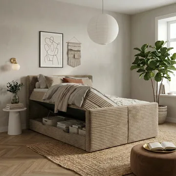 Sengepakke Kontinentalseng Sorvin 180x200 cm med opbevaring med løftemekanisme - Varm beige - Møbler - Senge - Kontinentalsenge