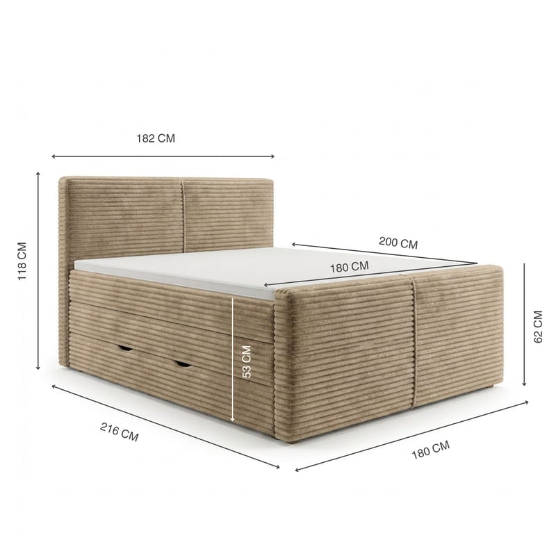 Sengepakke Kontinentalseng Sorvin 180x200 cm med opbevaring med løftemekanisme - Varm beige - Møbler - Senge - Kontinentalsenge