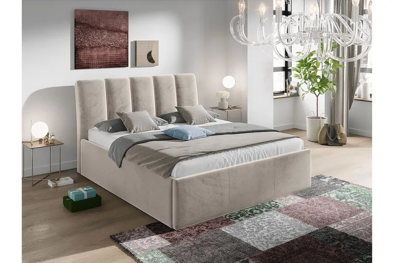 Aviemore Sengeramme 140x200 cm i Fløjl med Sengegavl og Opbevaring - Beige - Møbler - Senge - Sengeramme & sengestel