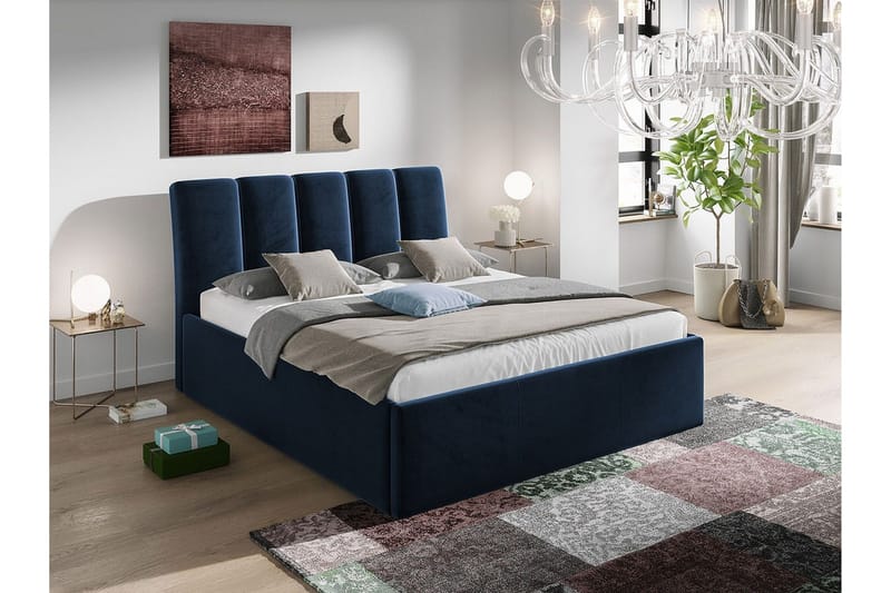 Aviemore Sengeramme 140x200 cm i Fløjl med Sengegavl og Opbevaring - Blå - Møbler - Senge - Sengeramme & sengestel