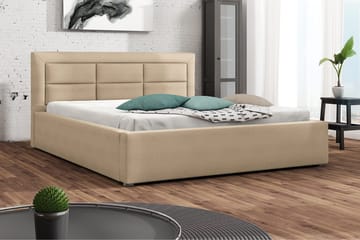 Axlunda Sengeramme 200x200 cm i Stof med Opbevaring og Sengegavl - Beige - Møbler - Senge - Sengeramme & sengestel