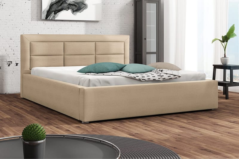 Axlunda Sengeramme 200x200 cm i Stof med Opbevaring og Sengegavl - Beige - Møbler - Senge - Sengeramme & sengestel