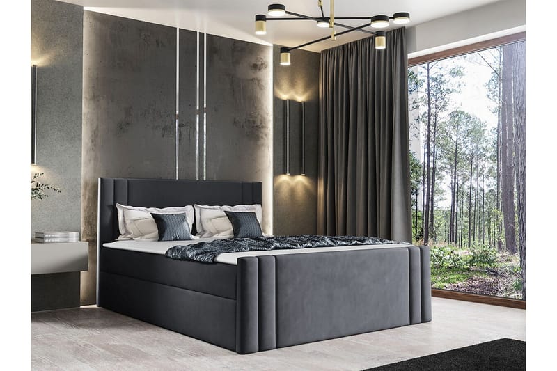 Betvallen Sengepakke 160x200 cm i Fløjl med Opbevaring + Sengegavl + Topmadras - Antracit - Møbler - Senge - Sengeramme & sengestel