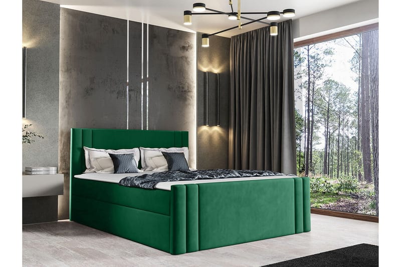 Betvallen Sengepakke 160x200 cm i Fløjl med Opbevaring + Sengegavl + Topmadras - Grøn - Møbler - Senge - Sengeramme & sengestel